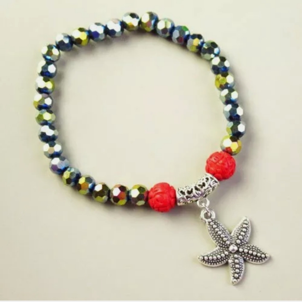 New Silver Starfish Titanium Crystal Ball Bracelet